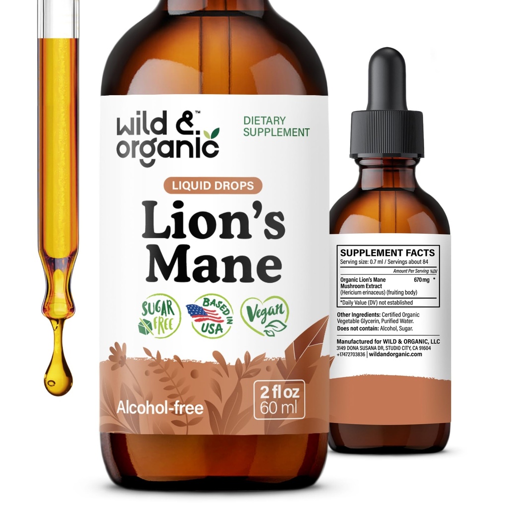 野生和有机狮子 Mane液体滴 - 焦点和大脑支持 - 狮子 Mane 补充 - Hericium Erinaceus Mushroom 提取 Tincture - Vegan,酒精和无糖 - 2 fl oz