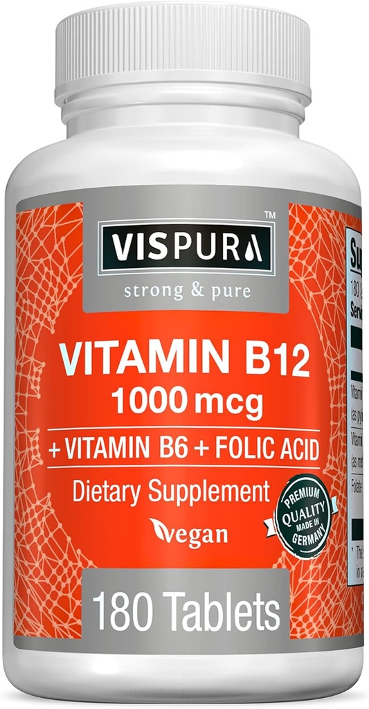 VISPURA 维生素 B12 1000 mcg 甲基Cobalamin + B6/Folic Acid, 180 Vegan 片, 增加能量的最佳补充, 增强Mood, 尖锐聚焦*, 有机补充