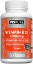VISPURA 维生素 B12 1000 mcg 甲基Cobalamin + B6/Folic Acid, 180 Vegan 片, 增加能量的最佳补充, 增强Mood, 尖锐聚焦*, 有机补充