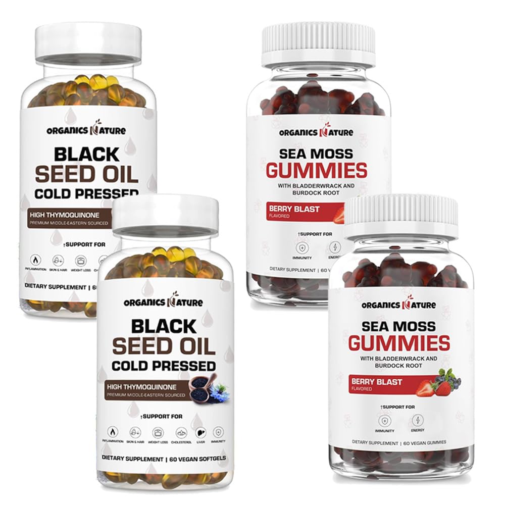 ORGANICS NATURE 黑种子油囊(2瓶) & 海摩斯胶囊(2瓶) & Vegan Softgels,用于毛发,皮肤,心脏,联合支持,肺除毒,能源,Mucus Clear,甲状腺,消化Omega 3s