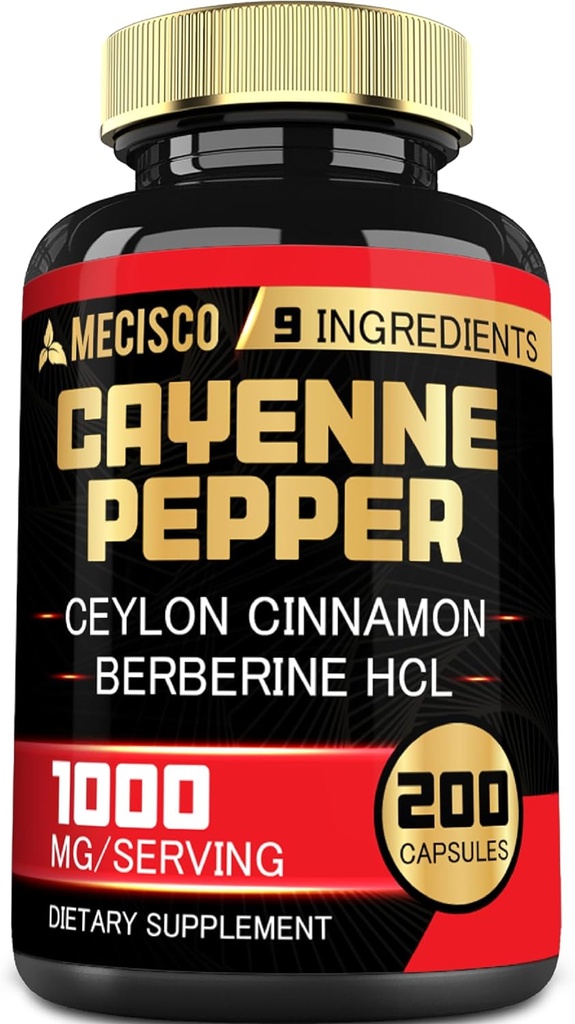 Cayenne Pepper Capsules 带有涡轮曲霉素根,柏柏林HCl,锡兰锡桂巴克和更多-200 Capsules - 支持文摘健康,免疫系统和体平衡