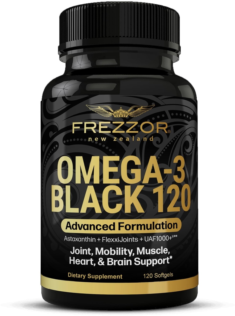 FREZZOR Omega 3 Black - Green Lipped Mussel Oil Capsules, In New Zealand, UAF1000+, No Fishy Aftertaste, 120 Countries (Pack of 1) (英语).