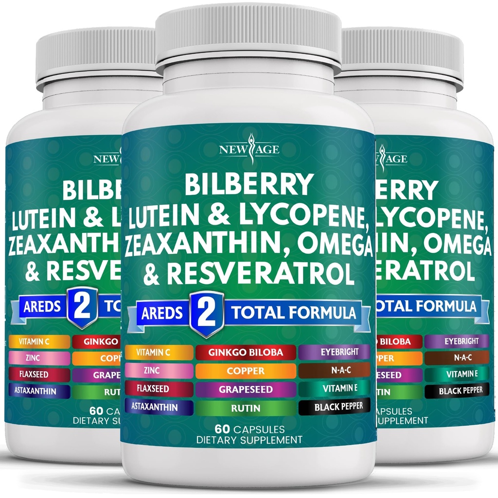 新AGE眼保健维生素与Bilberry Lutein & Zeaxanthin Lycopene Resveratrol Grape种子提取 Astaxanthin - 眼维生素 - 180 计数