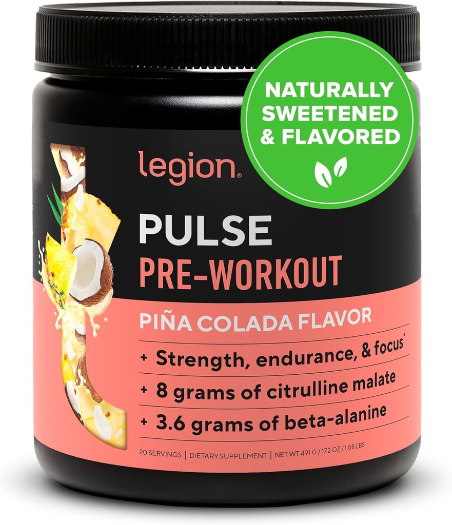 LEGION Pulse Pre Workout - 所有天然氮氧化物 Preworkout 喝到靴状能量,Creatine自由,自然甜化,Beta Alanine, Citrulline, Alpha GPC (Pina Colada)