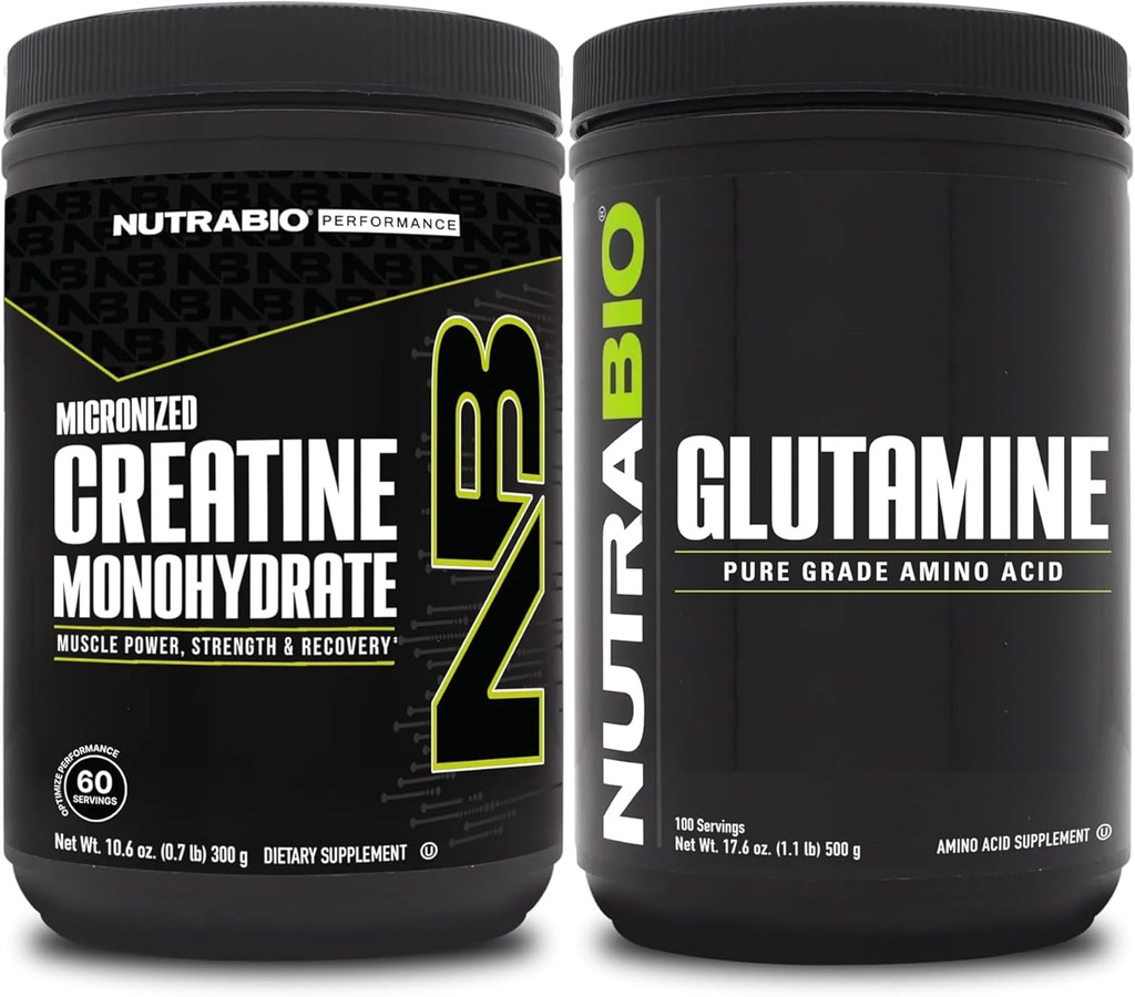 NutraBio Creatine 单水合物补充剂,无味,(300g)和L-Glutamine 粉末,(500g) — Workout 补充剂 Bundles 支持肌肉能源、恢复和强力