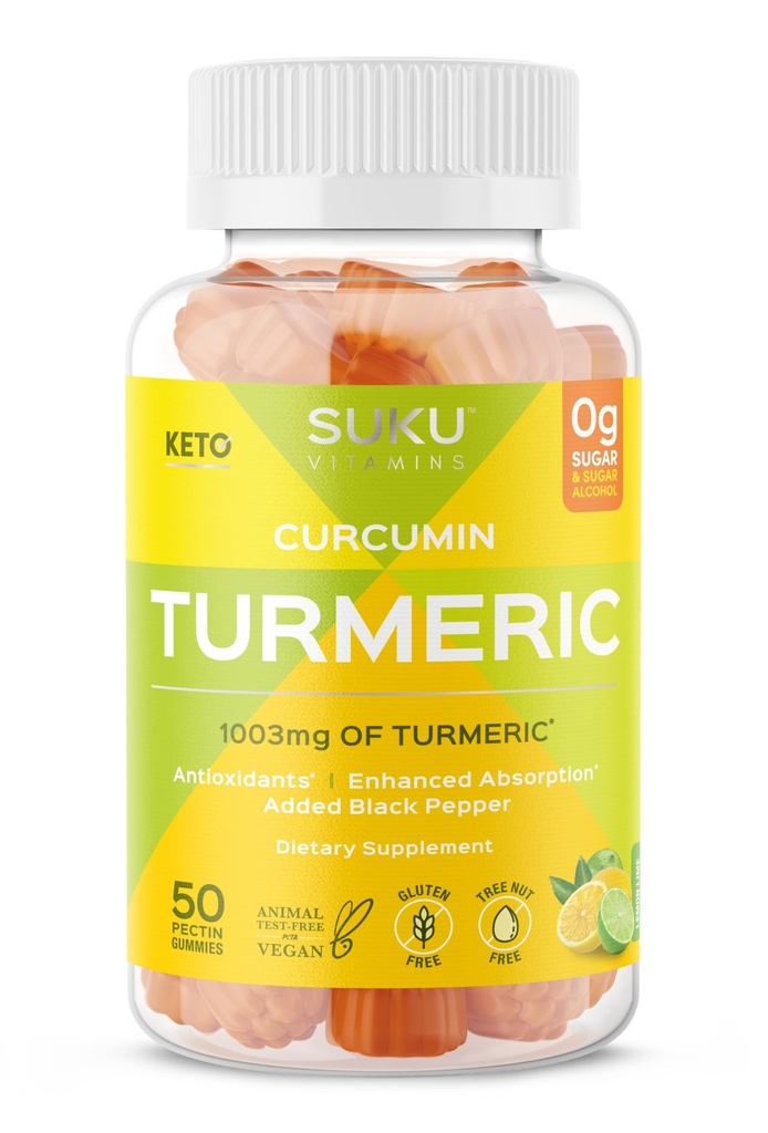 SUKU Turmeric Curcumin 糖无糖胶 配有1003mg的Turmeric - 黑胡椒保护肝脏,改善文摘,炎症反应和联合健康 - 柠檬莱姆莱姆 Flavour(50 Gummys)