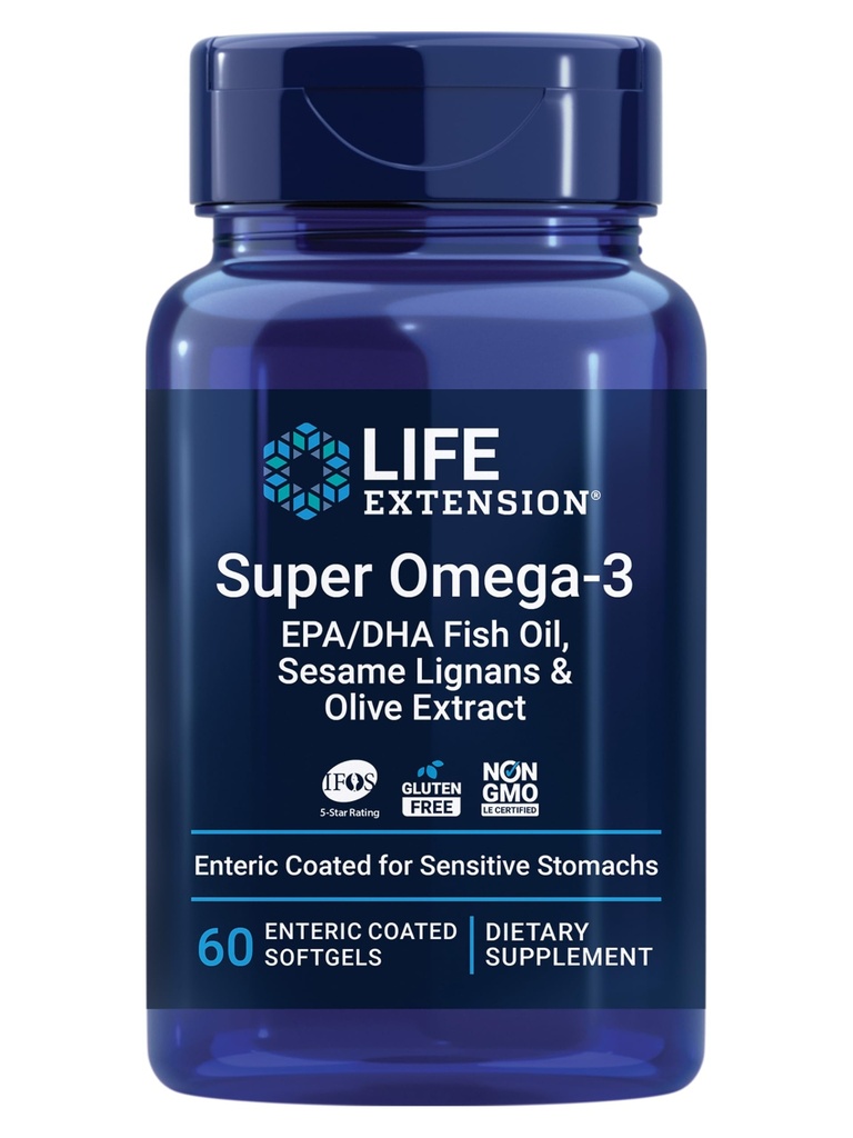 生命延伸 Super Omega-3 EPA/DHA 鱼油,芝麻丽甘和橄榄提取 – 心脏健康,脑健康,炎症健康支持,无胶质,肠内凝胶,非GMO,60软胶