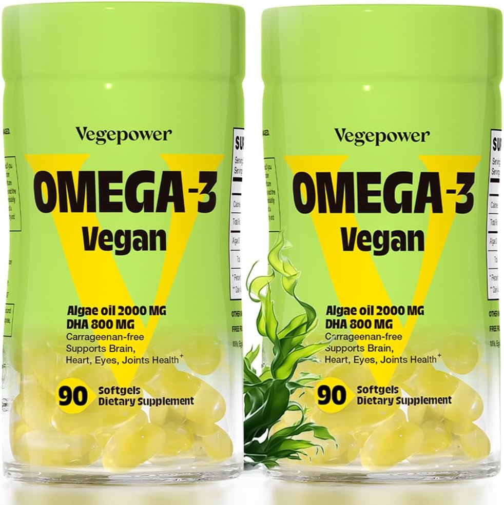Vegan Omega-3 DHA 补充品 - Algae Oil的Premium鱼油替代品 | 90 Carrageenan Free Softgels | 植物基 Algal DHA 基本脂肪酸,非GMO(Algae, 90 Counter (Pack of 2))