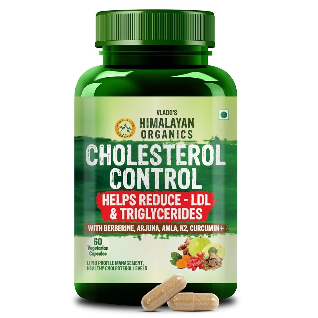 Vlado's Himalayan Organics Cholesterol Control Supplement | Berberine, Arjuna, Amla & Curcumin | Supports Healthy Cholesterol, LDL HDL Balance & Lipid Levels | Helps Reduce Bad Cholesterol & Triglycerides | Heart Health & Cardiovascular Support | Ayurvedic 60 Veg Capsules