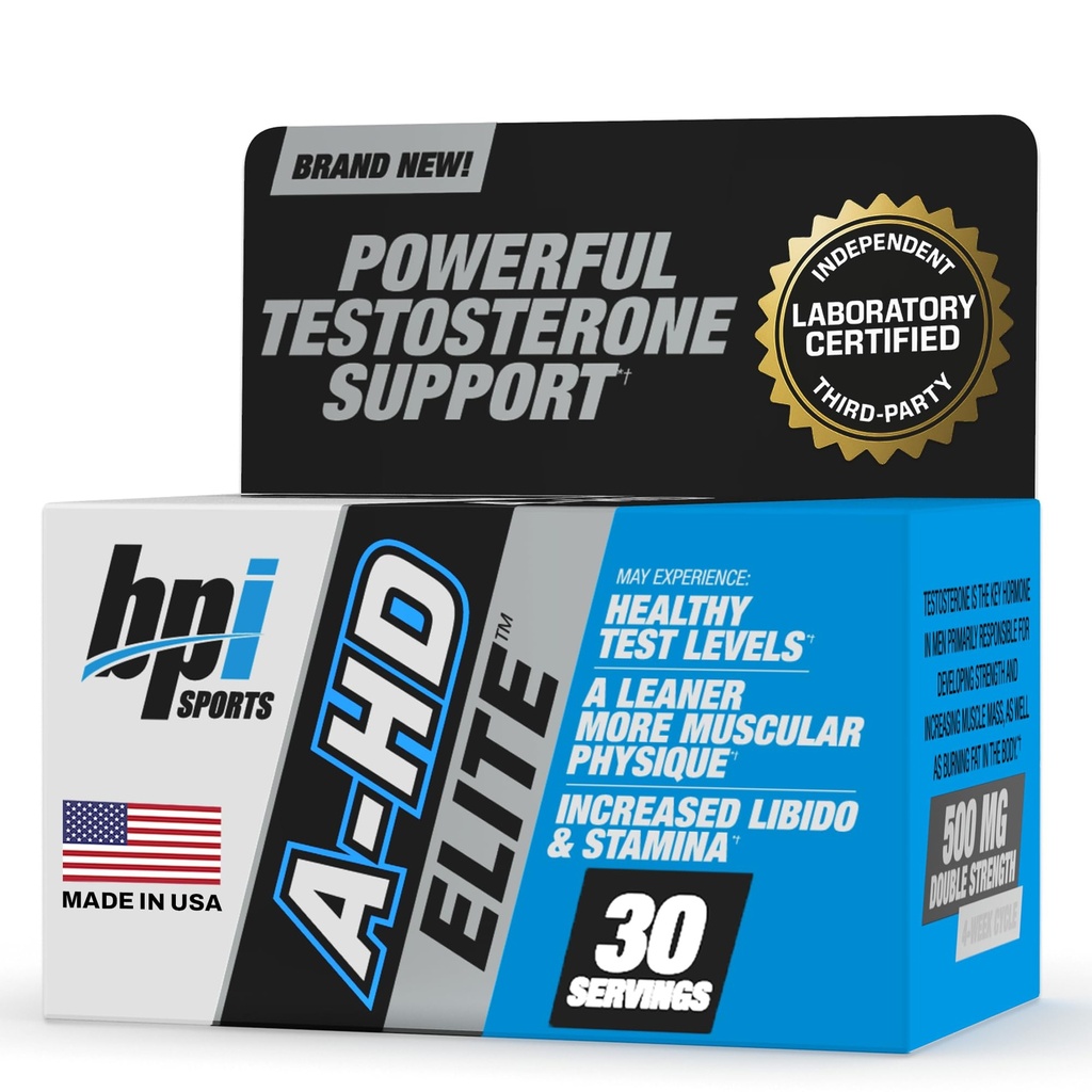 BPI Sports A-HD Elite – 男子强大的睾丸酮助推器 Stamina, 力量, 性支持 – 支持肌肉, 利比多和代谢 – 自然睾丸酮补充 – 30 services– 500mg