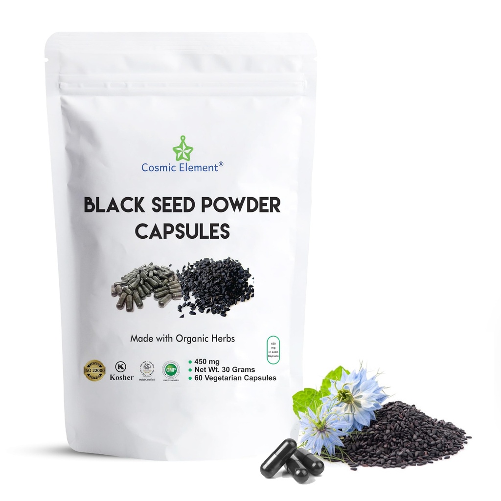 宇宙元素 100% 纯黑种子 粉末 有机 - Vegan Nigella Sativa 450mg 黑色 Cumin种子 / 为健康服务 - 60 capsules