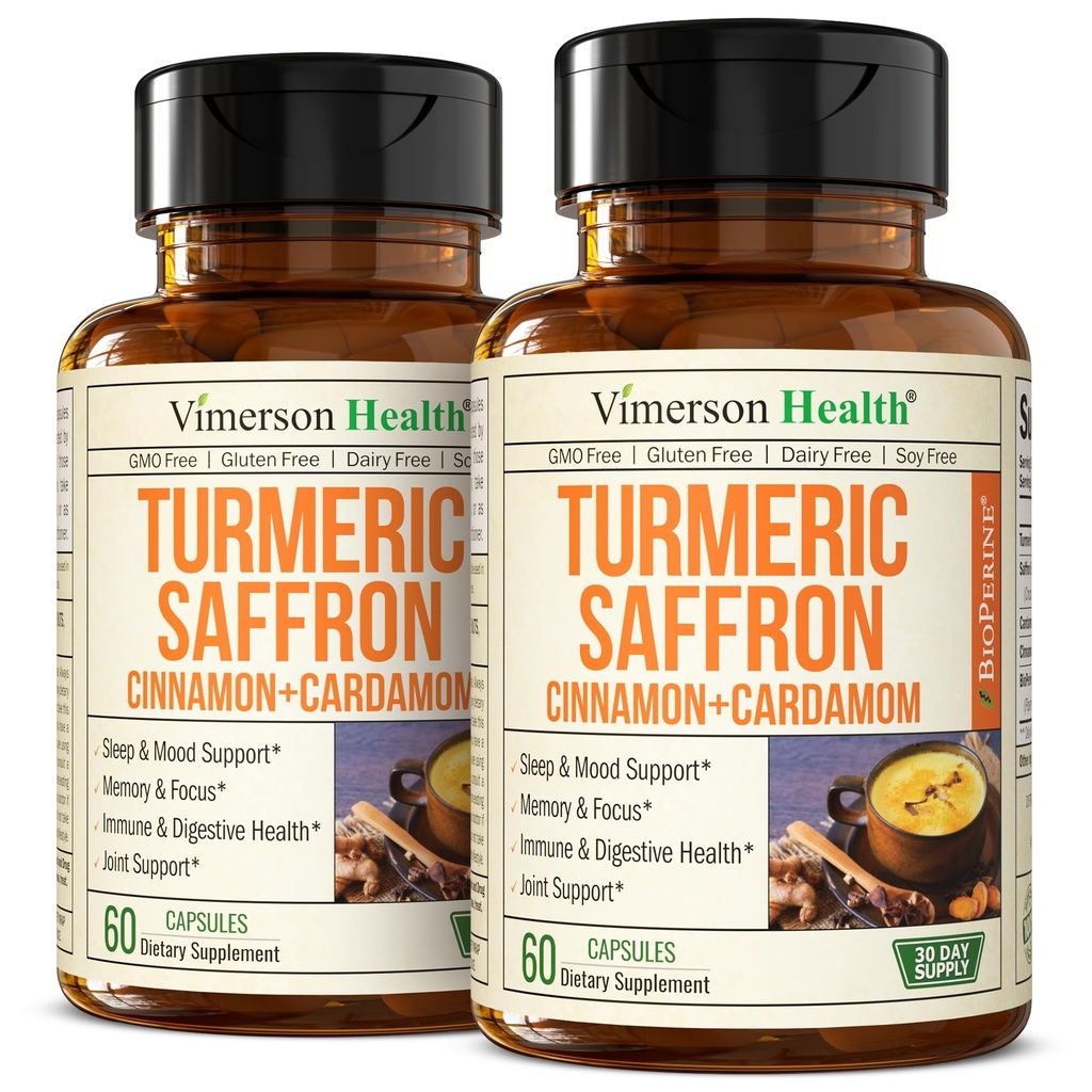 Saffron Supplements – 89mg Saffron Extract and 1000mg Tumic Blend – Turmeric Supplements 与锡兰肉桂和卡达莫 用于摩德,记忆和眼部健康 – 女性和男性联合补编 2 Pack