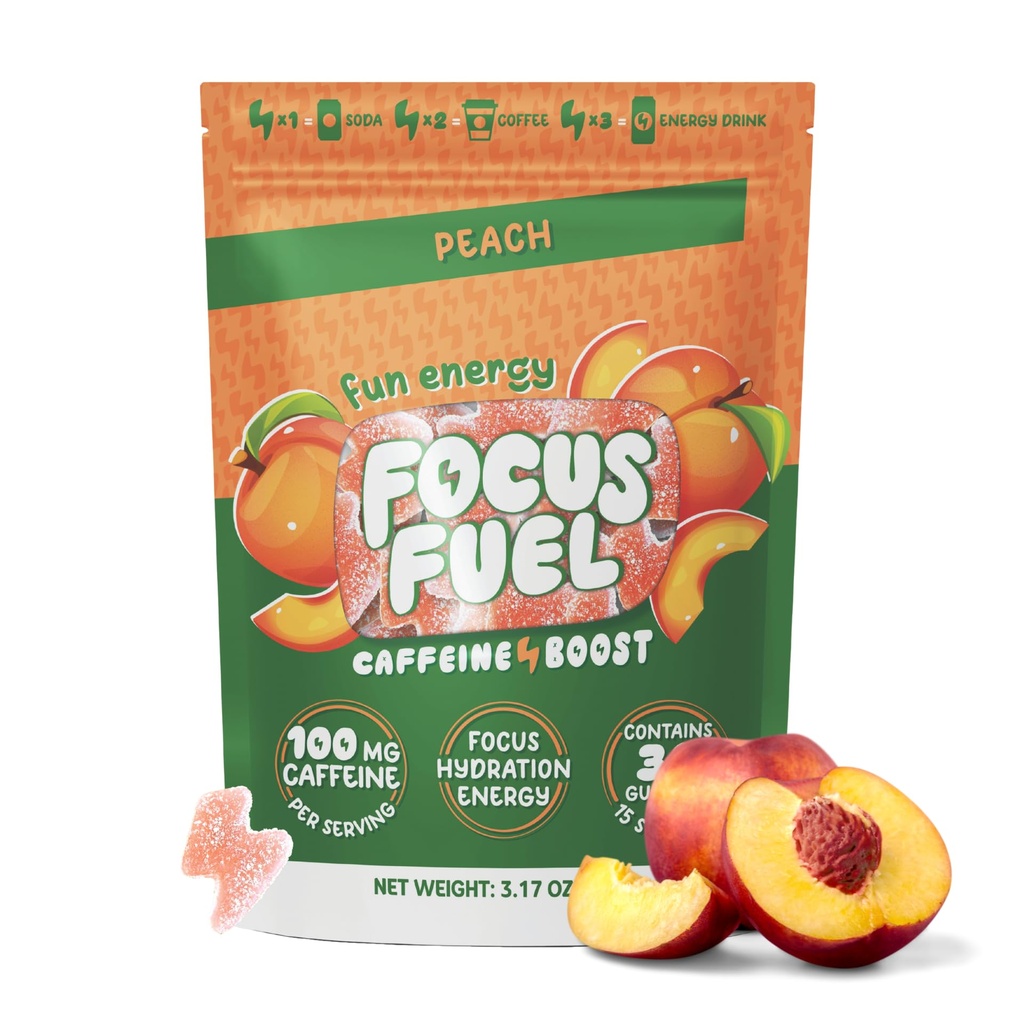 FocusFuel Energy Chews – Peach Flavor (15 services) – 100mg Cafeine + Alpha GPC+ L-Theanine + B12, 镁 – 平滑聚焦与能源 – 不发生崩盘或Jiters