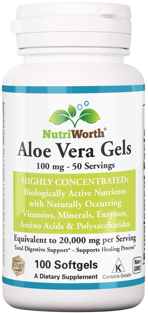 Aloe Vera Supplement (100 Softgels) 20,000mg 纯 Gel 等效性 — 用有机Aloe Vera 制成