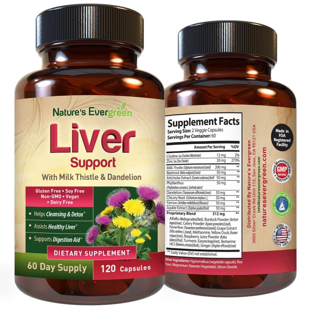 Liver Cleanse Detox & Reference & QQ 草药Liver 支持补充 W/ 20+ Liver 健康营养剂 牛奶Tetle , Turmeric, Ginger, Dandelion, Zinc, Artichoke & 更多为最佳Liver 支持 & 120 Capsules