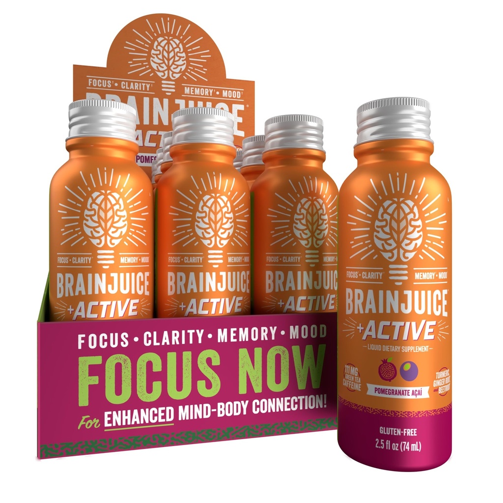 BrainJuice Active Focus & Energy Drinking Shots,支持耐力,恢复和清晰,非GMO,Gluten Free,Nootrophics,Alpha GPC,B维生素和有机绿茶,石榴酒 Acai,2.5 floz,12 Pack