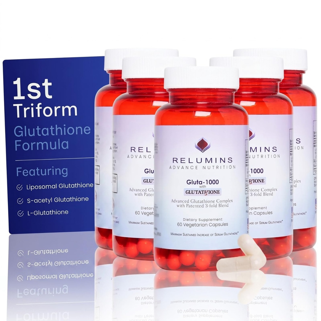 缩光L Glutathione 补充复合体 - 缩光Glutathione 1000 mg 配有 Alpha Lipoic Acid & Rose HIPS Capsulles 用于 Nourized & Smoother Skin, 60 Caps x 5瓶