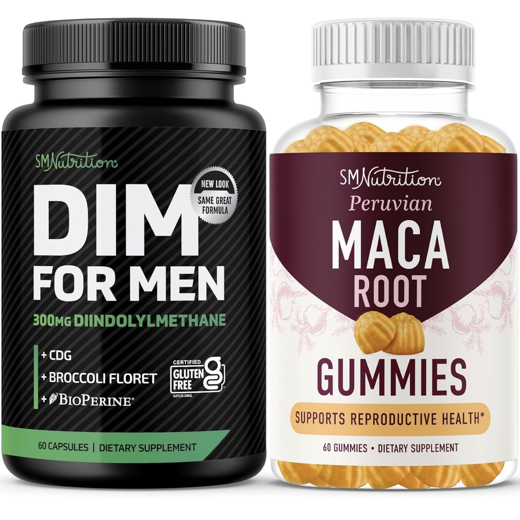 SMNUTTION Maca Root Gummys & 300mg DIM 男子睾丸激素和性能支持补充 QQ 激活 Maca Gummys 综合体(30架) 与 DIM 男子综合体(60架)