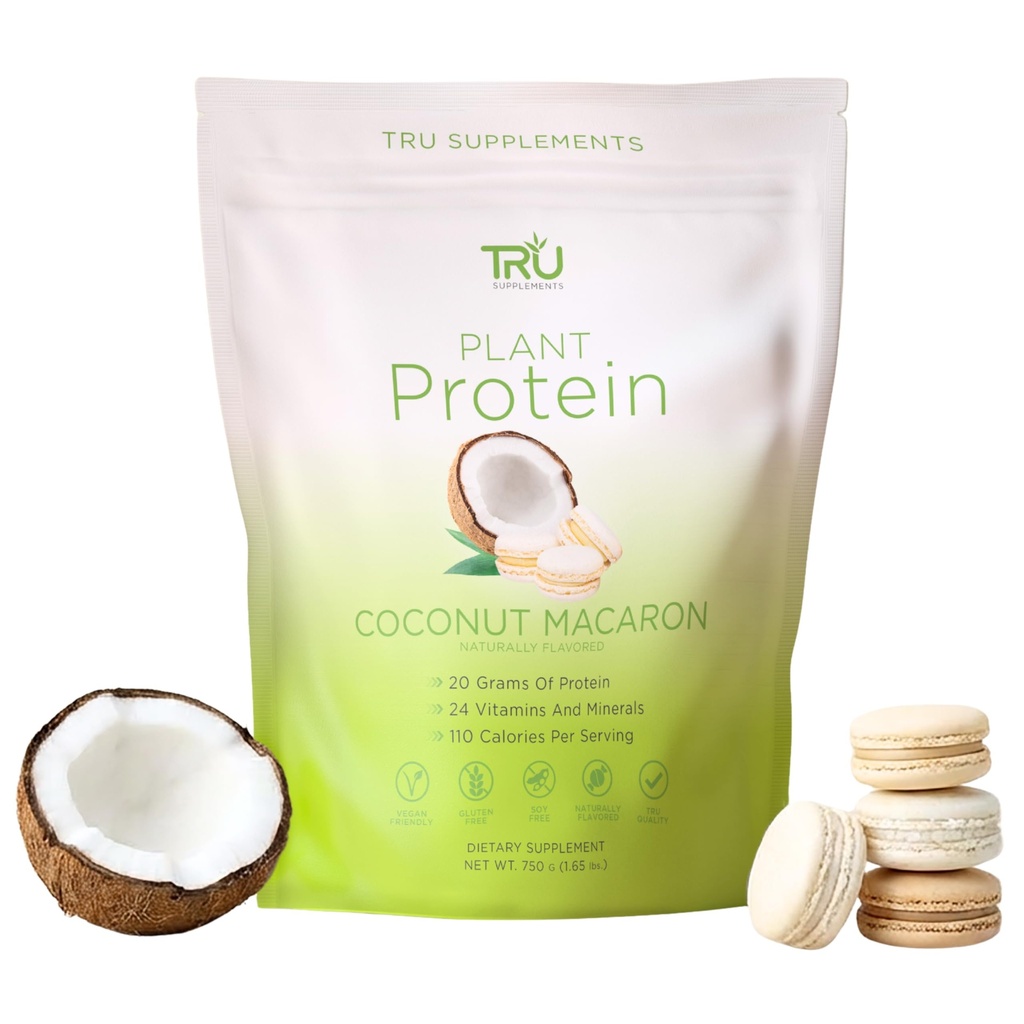 TRU 补充植物蛋白粉, BCAA, EAA, 20g Vegan Brown Rice & Pea Protein, 100 Calories, 27 Vitamins, 无人工火花 25 services (Coconut Macaron)
