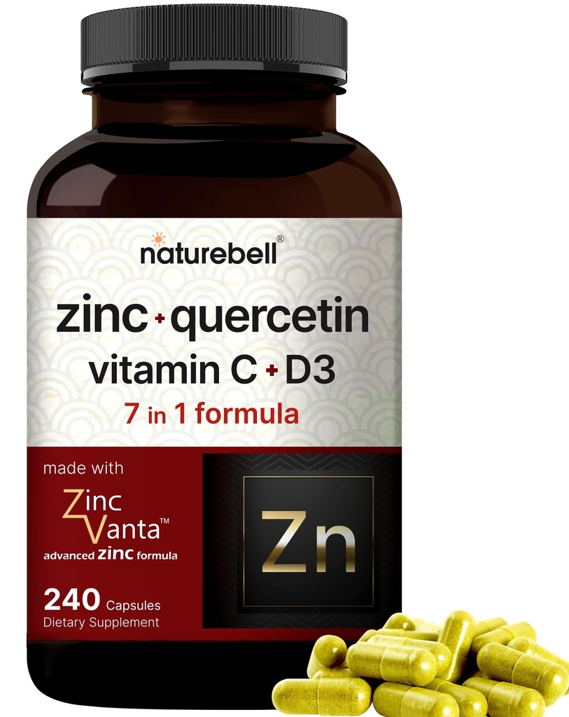 NatureBell Zinc Quercetin 配有维生素C & D3,240 Capsules → Quercetin 1000mg + 锌50mg + 维生素C 250mg + 维生素D3 5000 IU → 4-in-1 高级 Immune + 肺支持 → 锌万塔公式