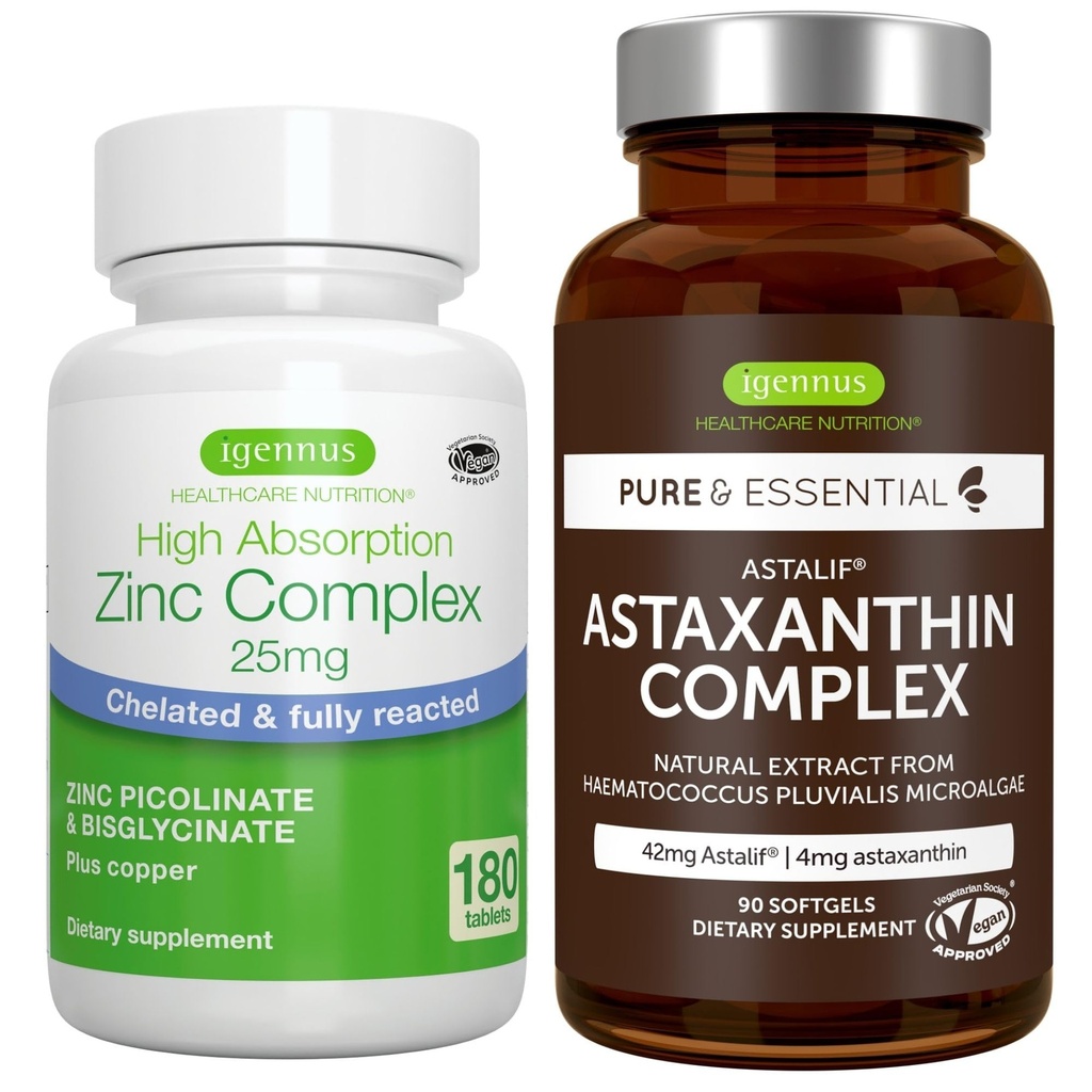 Astaxanthin Complex + Zinc Complex Vegan Bundle, 抗氧化剂支持皮肤, 头发和钉子, 作者 Igennus