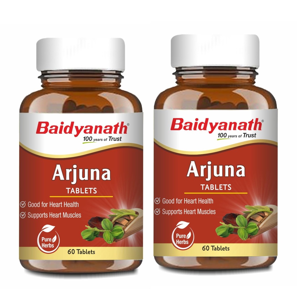 Baidyanath Ayurved Arjuna Tablets 60 Tabs (Pack of 2) | Pure Arjuna Bark Extract | Ayurvedic Supplement for Heart Wellness & Healthy Circulation | Supports Cardiovascular Vitality