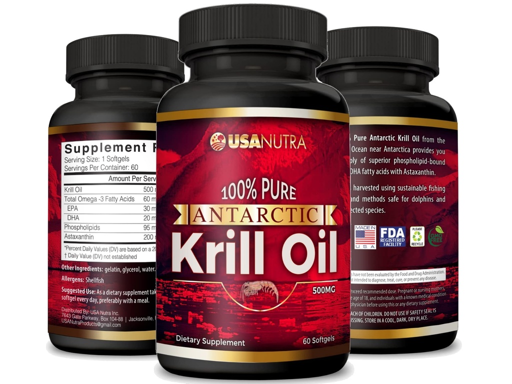南极磷虾油软胶100%纯度与Omega-3 EPA DHA Astaxanthin 1000mg/天(2 Softgels). 美国制造
