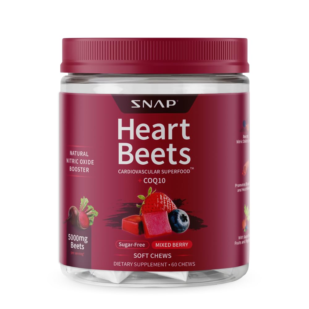 Snap 补充 Heart Beets 有机 Beet Root Soft Chews, 男女心血管支持补充, CoQ10 & Red Spinach, 心脏健康和流通支持, 无糖, 混合莓, 60 Chews