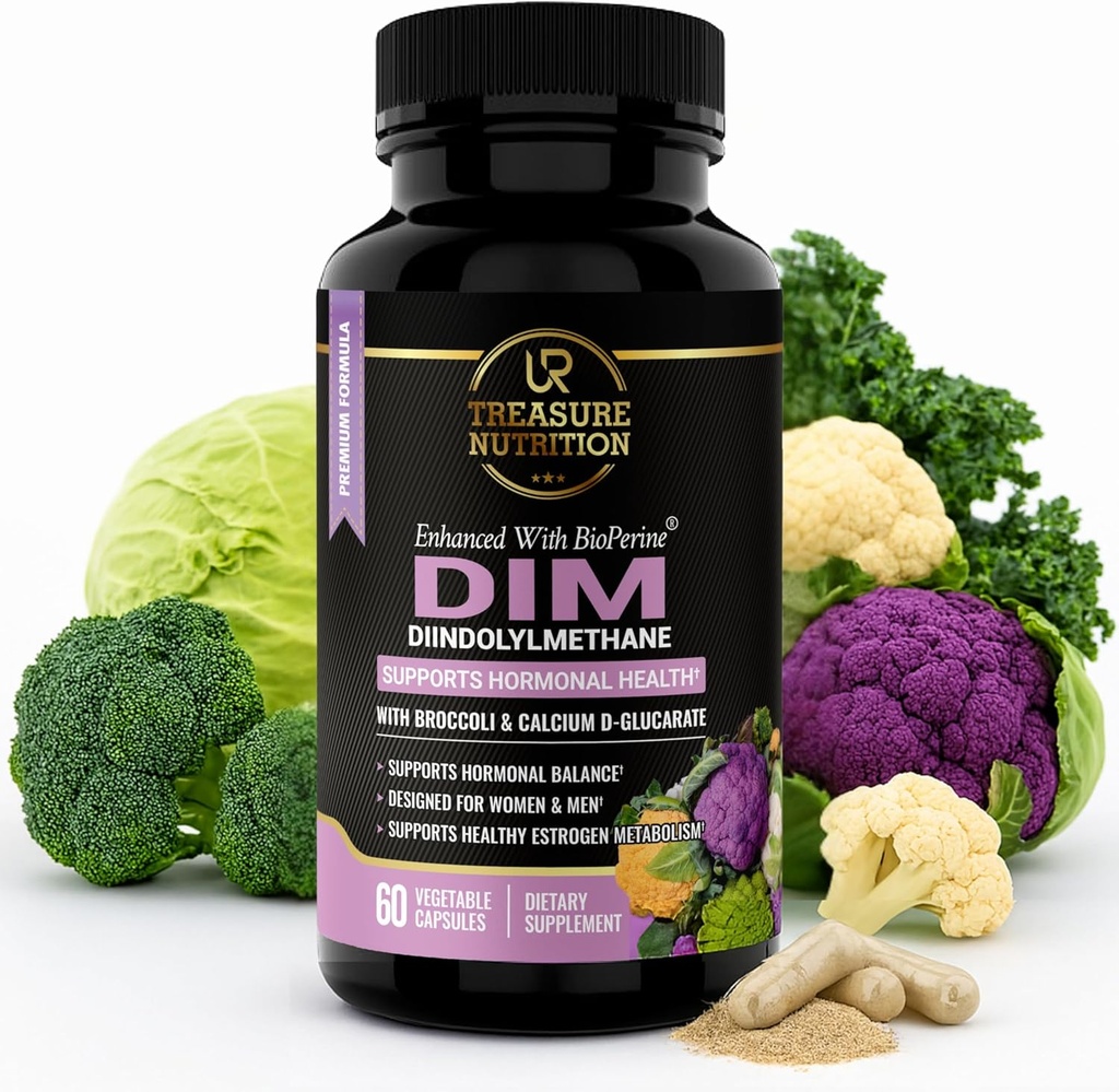 DIM 配有 Broccoli 抽取和 BioPerine - 天然荷尔蒙对男女平衡支持 - 雌激素平衡 - 更年期, Acne - 60个带D-葡萄酸钙的植物盖