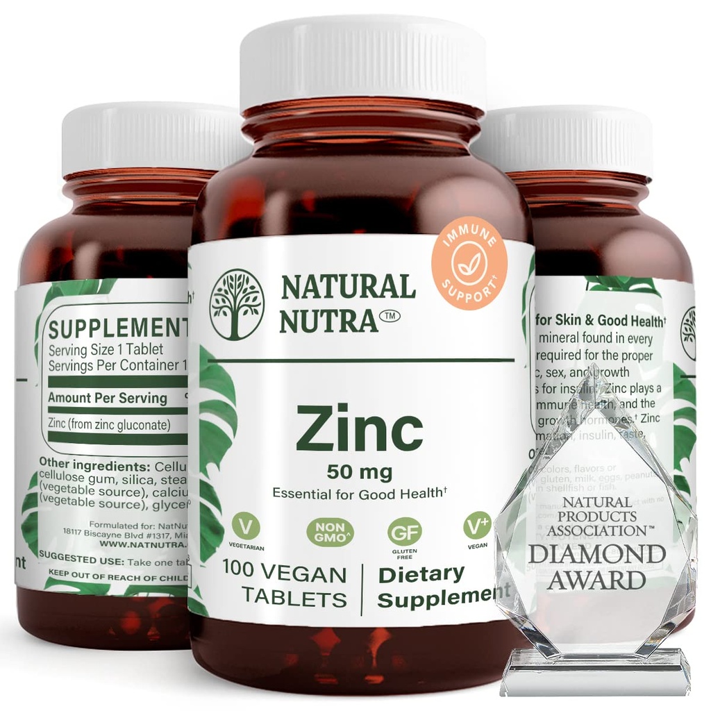 Natural Nutra Zinc Gluconate 50mg 补充免疫支持,促进皮肤健康,提供从流感和寒冷中获取的易感,促进学习和记忆,增强味道和气味,Gluten Free 50mg 100 Vegan 片