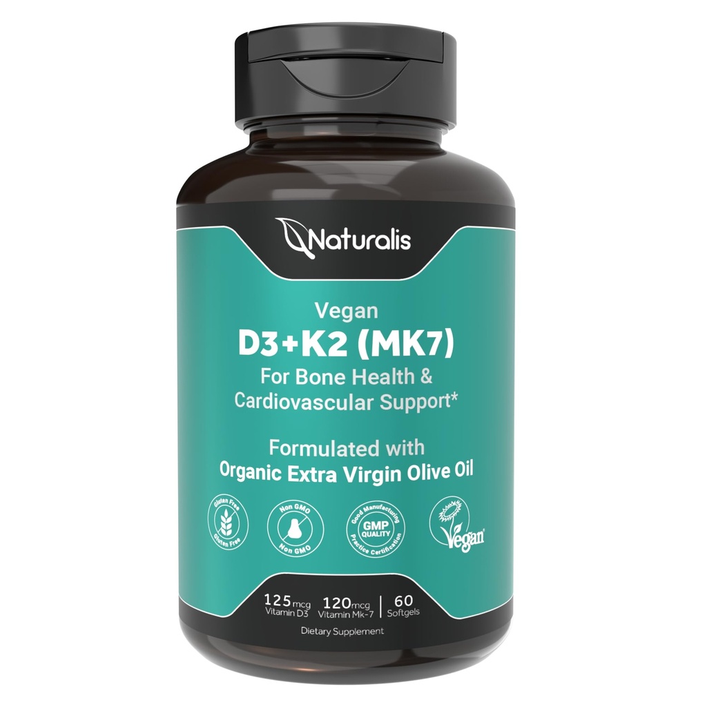 Naturalis Vegan Vitamin D3+K2 来自藻类的  5000 IU D3,配有120mcg MK7 | Vegan Society认证,可持久来源,优于动物衍生的| 更好地支持骨骼和免疫健康* | 60软胶