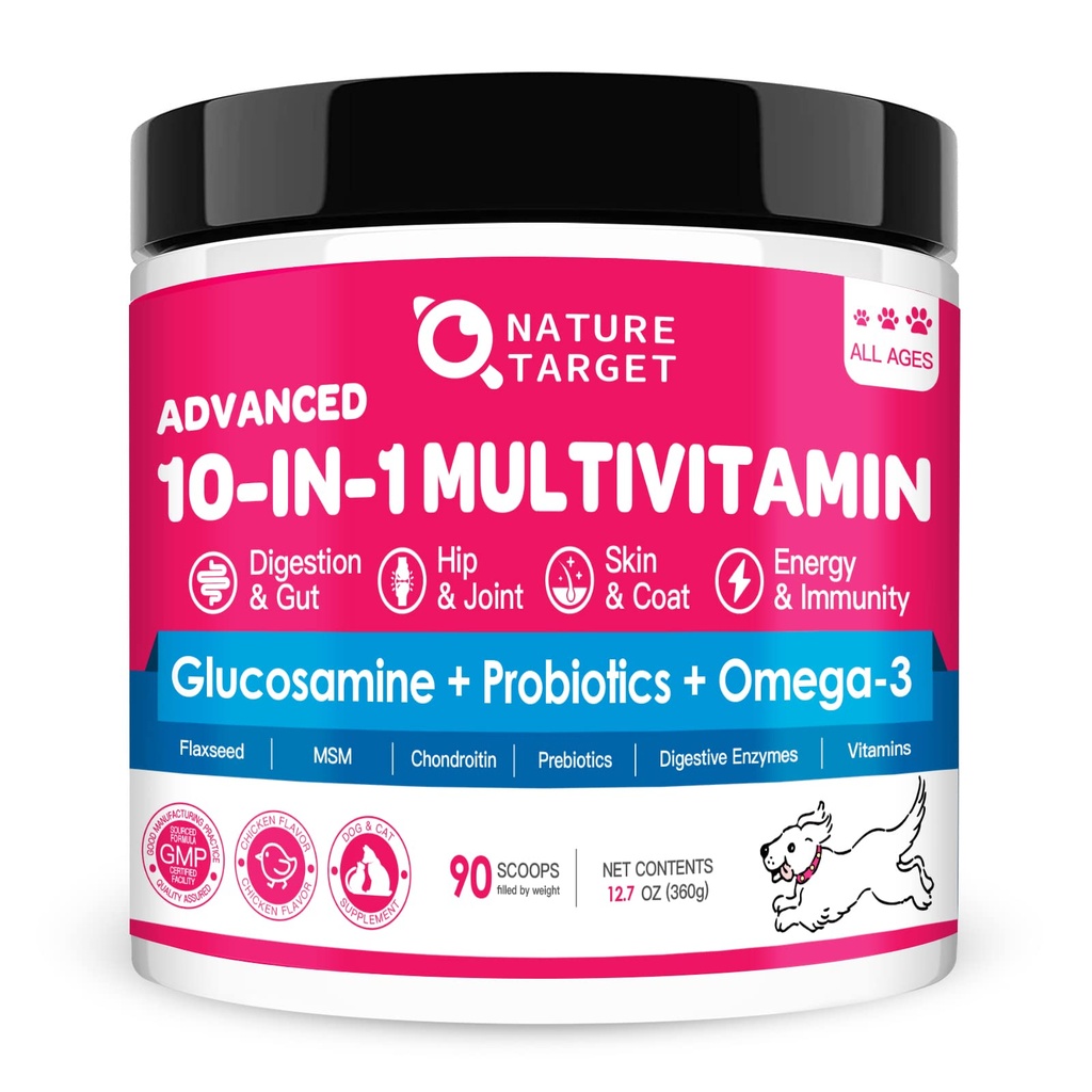 NATURE TARGET 狗维他命粉,抗生素和消化酶促进古特健康,Glucosamine & Chondroitin & Omega 3,自制狗食品的完整补充,联合与皮肤和免疫支持