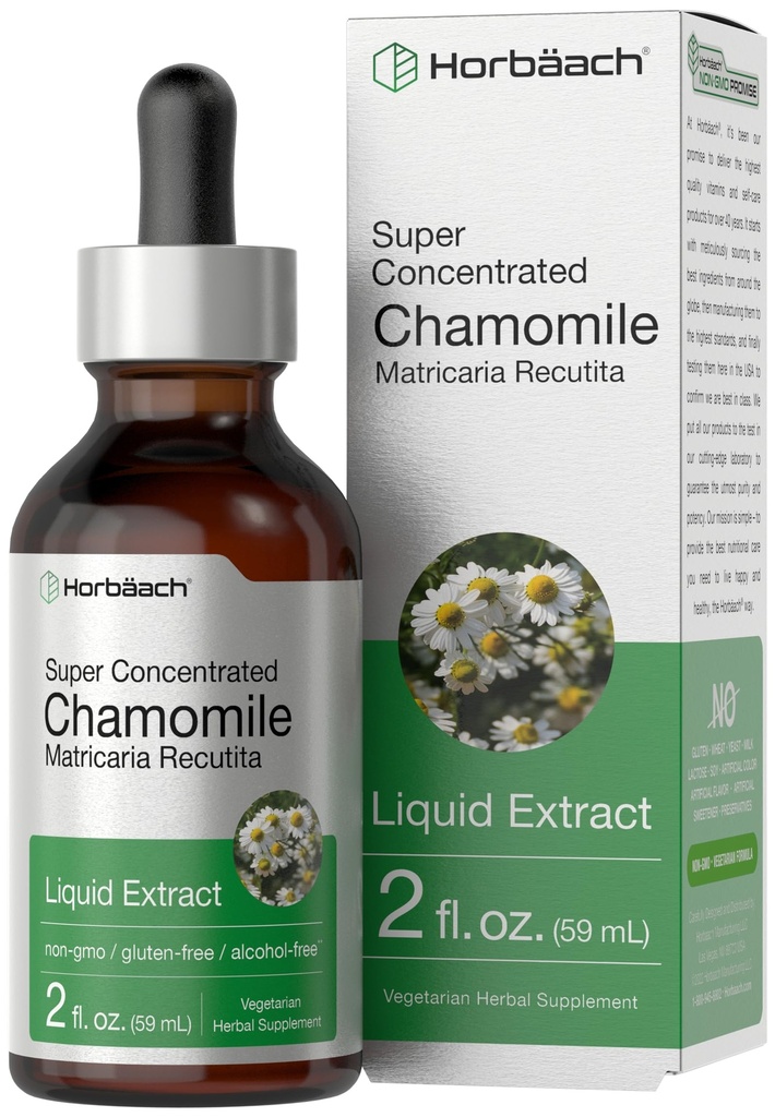 Horbäach Chamomile 提取液体 → 2 fl oz Tincture → 酒精自由 → 超级集中的草药补充 → 蔬菜滴 → 非GMO, Gluten Free