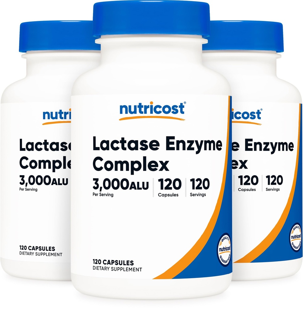 Nutricost Laactase Enzyme Complex 3,000 FCC ALU, 120 Veggie Capsules - 非GMO, Gluten Free, 120 services (3瓶)