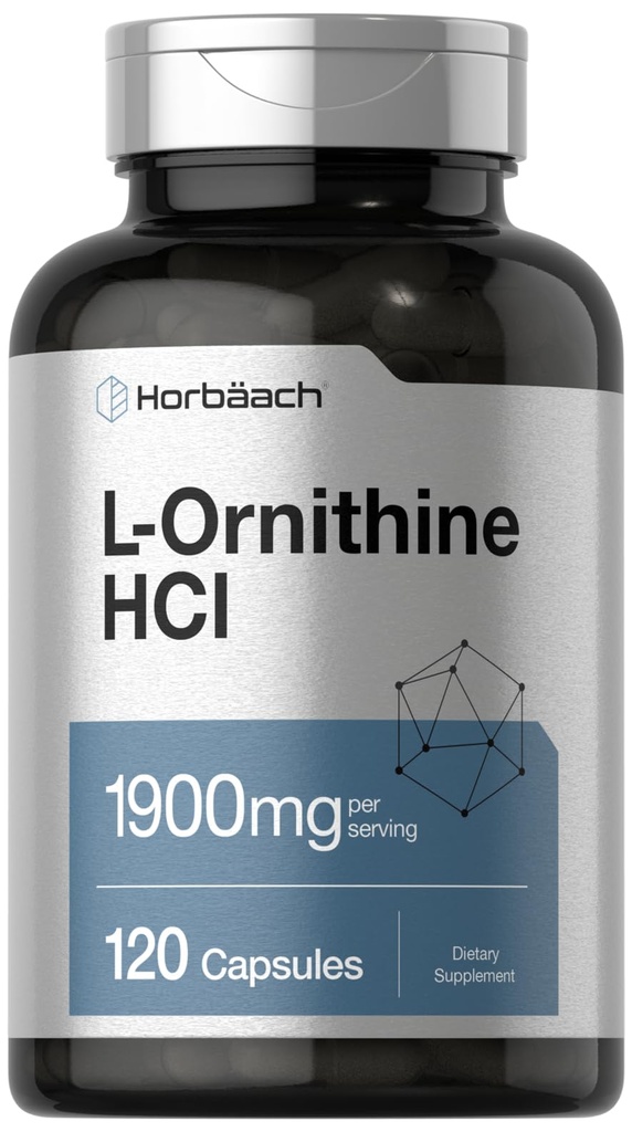 Horbäach L Ornithine HCl 1900mg 120 Capsules | Non-GMO & Gluten 免费补编