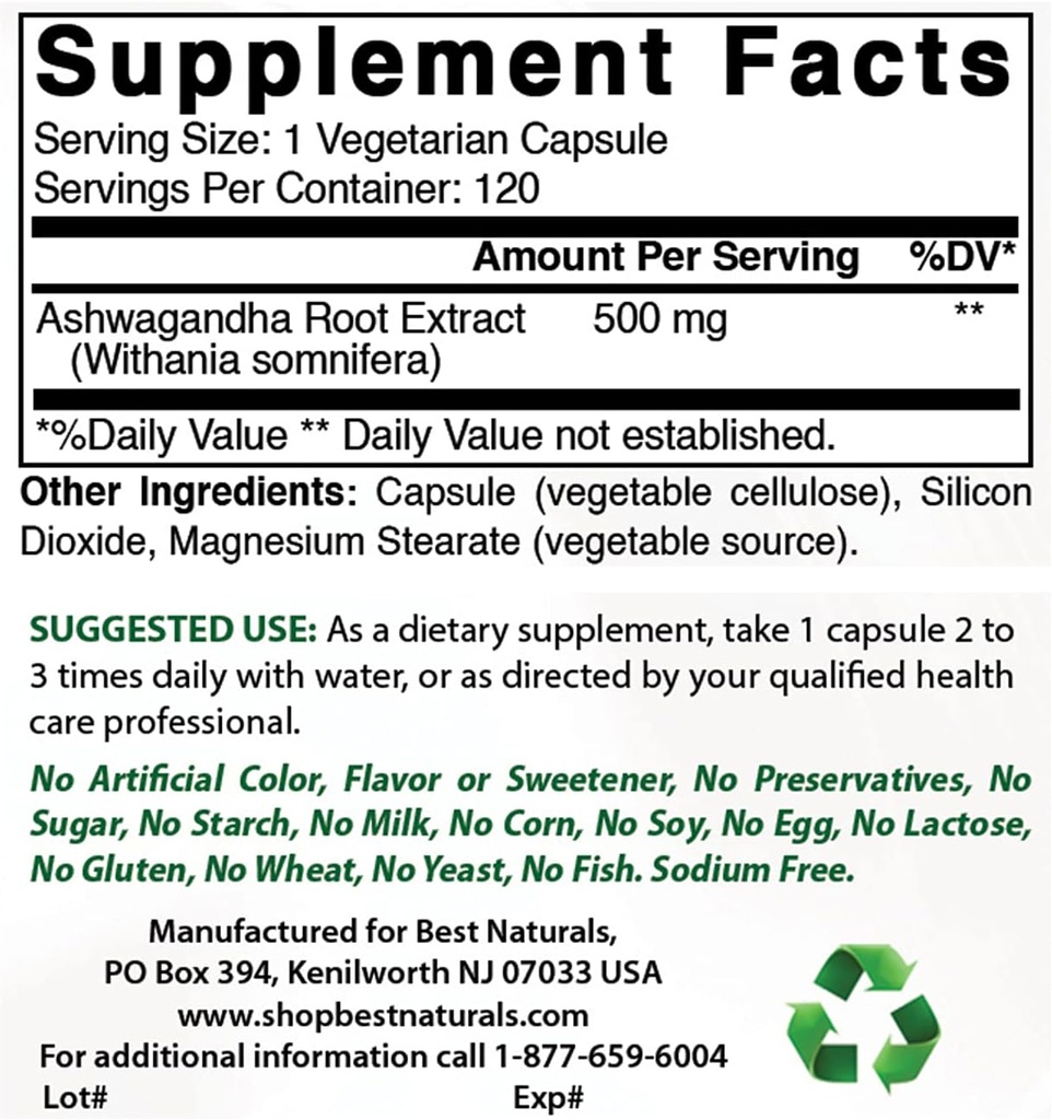 最佳自然品 Ashwagandha 提取 500 Mg & Zinc Gluconate 50 mg