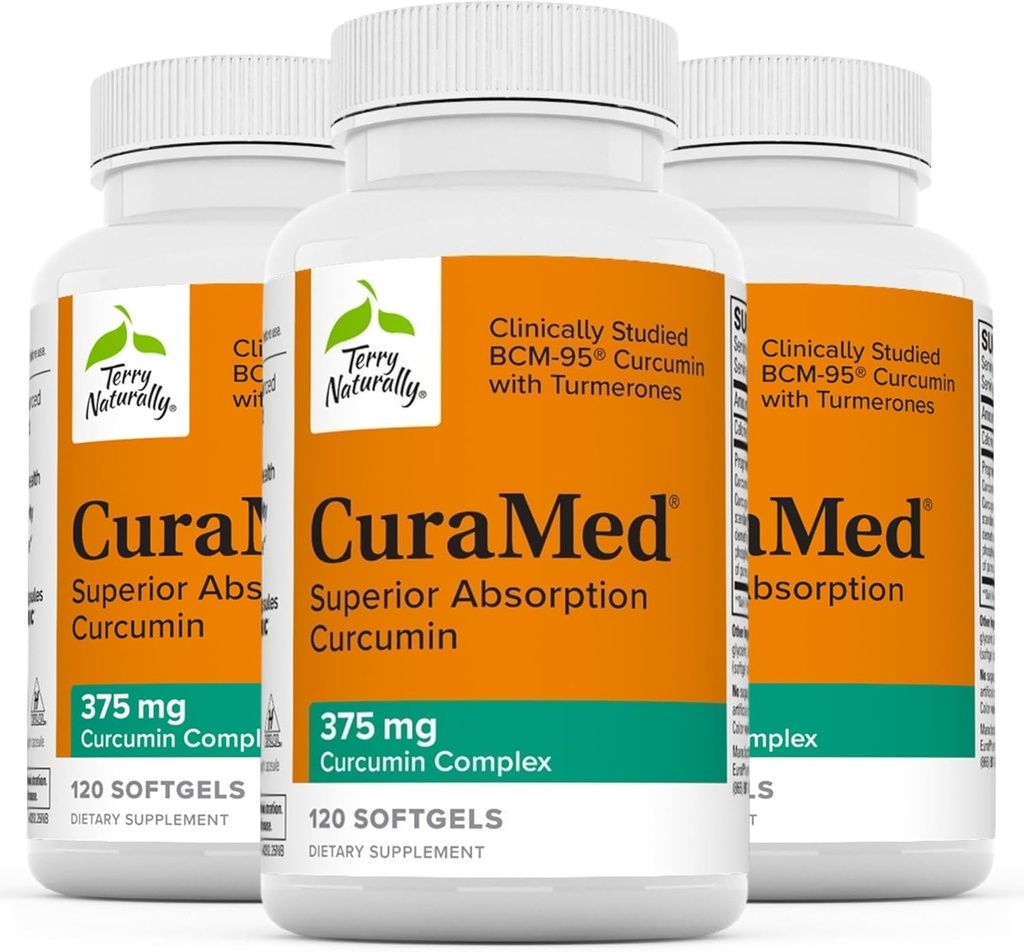 Terry自然CuraMed 375mg - 脑和免疫健康支持的抗氧化剂补充剂 - 配有Curcumin & Turmeric 基本油的饮食补充剂 - 草药肝脏支持 - 120 Softgels (Pack of 3)