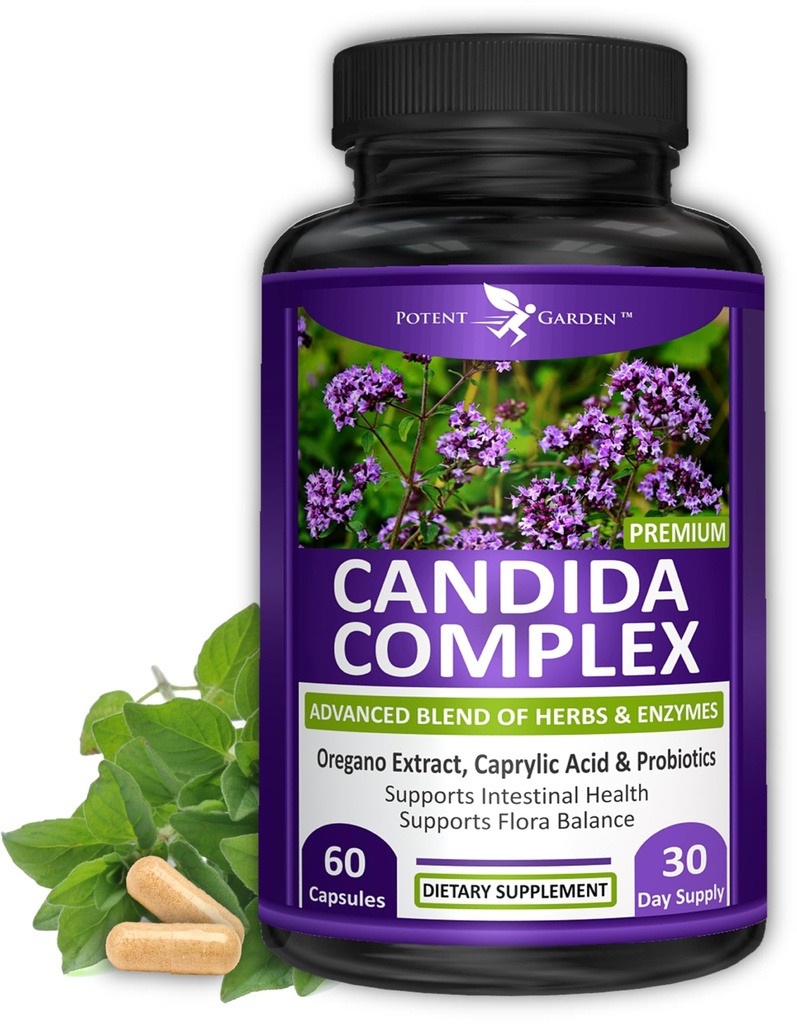 Potent Garden Candida Complex - Oregano和Caprylic Acid Blend, Gut Florable Complex, 肠内健康与免疫支持与草药与Probiotics, Gut 健康补充女性与男性 60 Counts