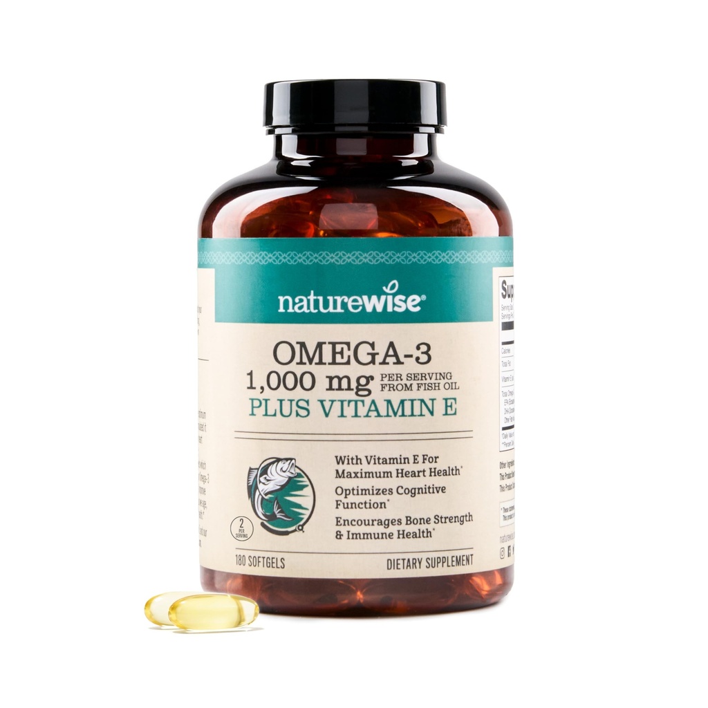 NatureWise Extra-Strength Omega 3 鱼油补充剂-每服1 000毫克-600 EPA & 400 DHA和维生素E-支持心脏和脑健康-柠檬火焰,无转基因-180软胶[3-Month供应]