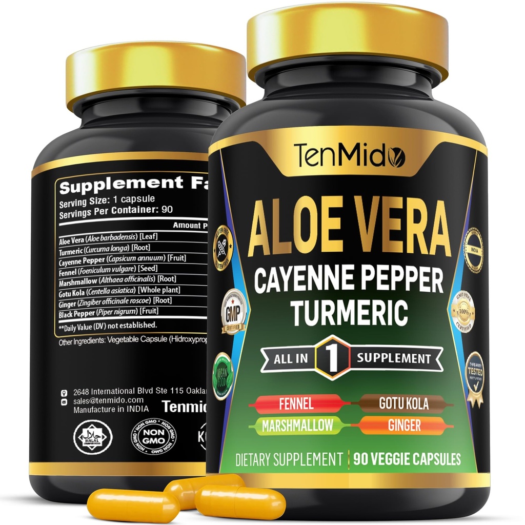 Aloe Vera Capsules 补编 - 8in1 公式 - 与Turmeric, Cayenne Pepper, Marshmallow, Fennel, Gotu Kola, Ginger, 和 Black Pepper 结合 3个月供应 90 个Capsules