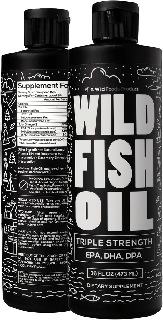 野生食品 液体 Omega 3 鱼油补充品,柠檬,16 oz (2 pk) QQ 野生捕捉,Burpless,Odorless,N-GMO,Gluten Free QQ DPA,DHA,EPA 三强Omega-3 男女营养