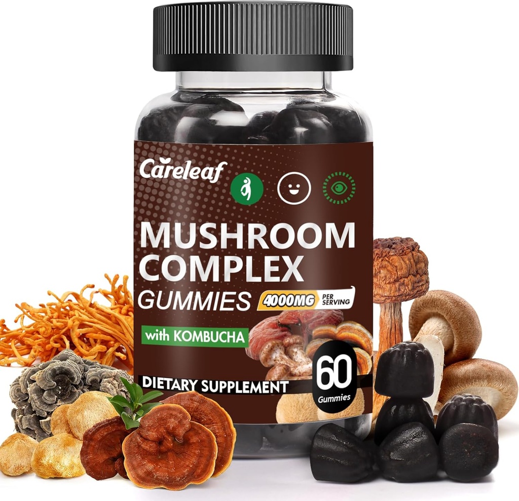 9 in 1 Mushroom Gummys 配有 Lion's Mane for Focus Supplement 和 支持Immune System De-Stress Boost Mood & Energy 60 Count Kombucha Flavor的能量补充工具