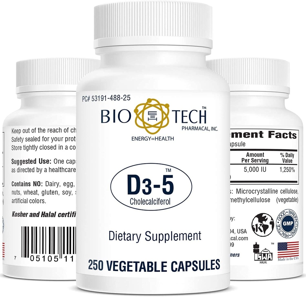 生物-技术药用维生素D3(D3-5 5k IU,250 Veg Count)