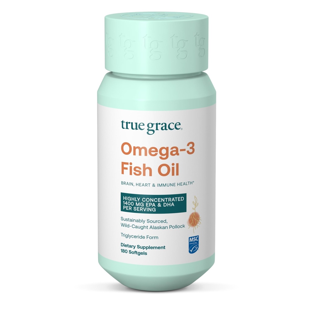 True Grace Omega-3 Fish Oil - 180 Softgels - 1400 mg EPA + DHA - 大脑,心脏,联合和免疫健康 - 有机,无胶,无豆
