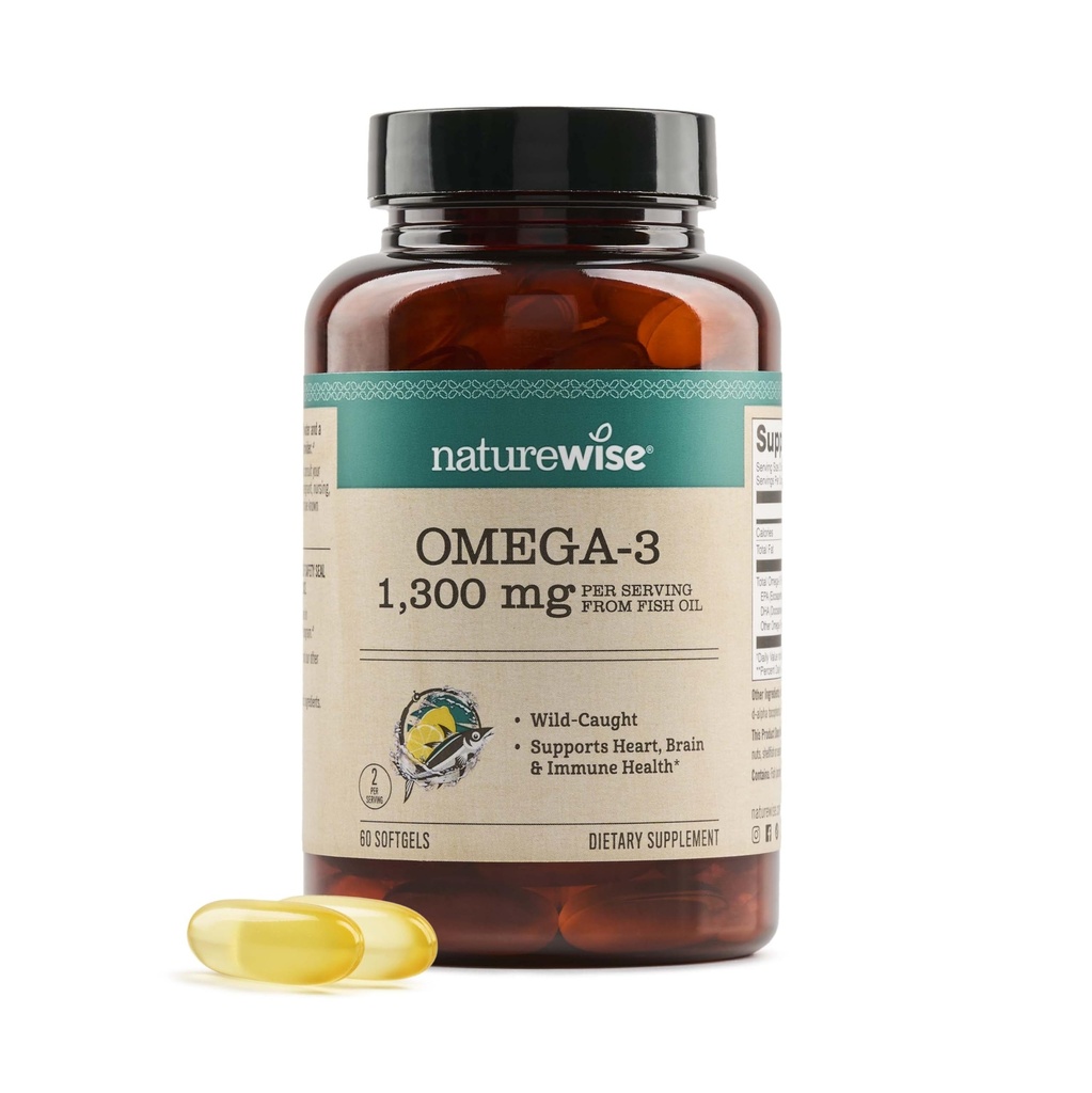 NatureWise Ultra Omega 3 Fish Oil 2200 mg - Triglyceride Form - Lemon Flavor - 野生捕捉鱼油 + EPA & DHA - 支持大脑和心脏健康 - Burpless,非GMO - 60 Softgels [1-Month Supplement]