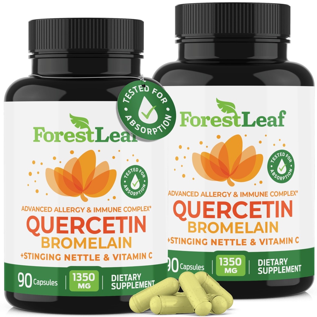 ForestLeaf Quercetin with Bromelain - 1350mg 与维生素C & Sting Nettle 混合,高级 Quercetin 500mg 补充, Non-GMO Gluten 自由,天然免疫和呼吸功能 180 Veggie Capsules