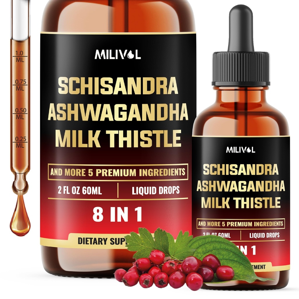 8in1 Schisandra Berry Drops with Milk Thetle, Ashwagandha, Rhodiola Rosea, Holy Basil, Artichoke, Dandelion Root & Turmeric Curcumin - 2 Fl Oz 2个月供应量