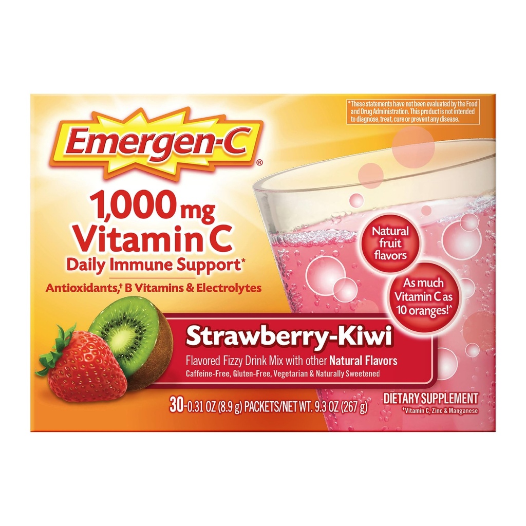 Emergen-C 1000mg 维生素C 免疫支持粉草莓 Kiwi 30CT 包括锌、曼干纳西、7 B 维生素和返校必需品电解剂