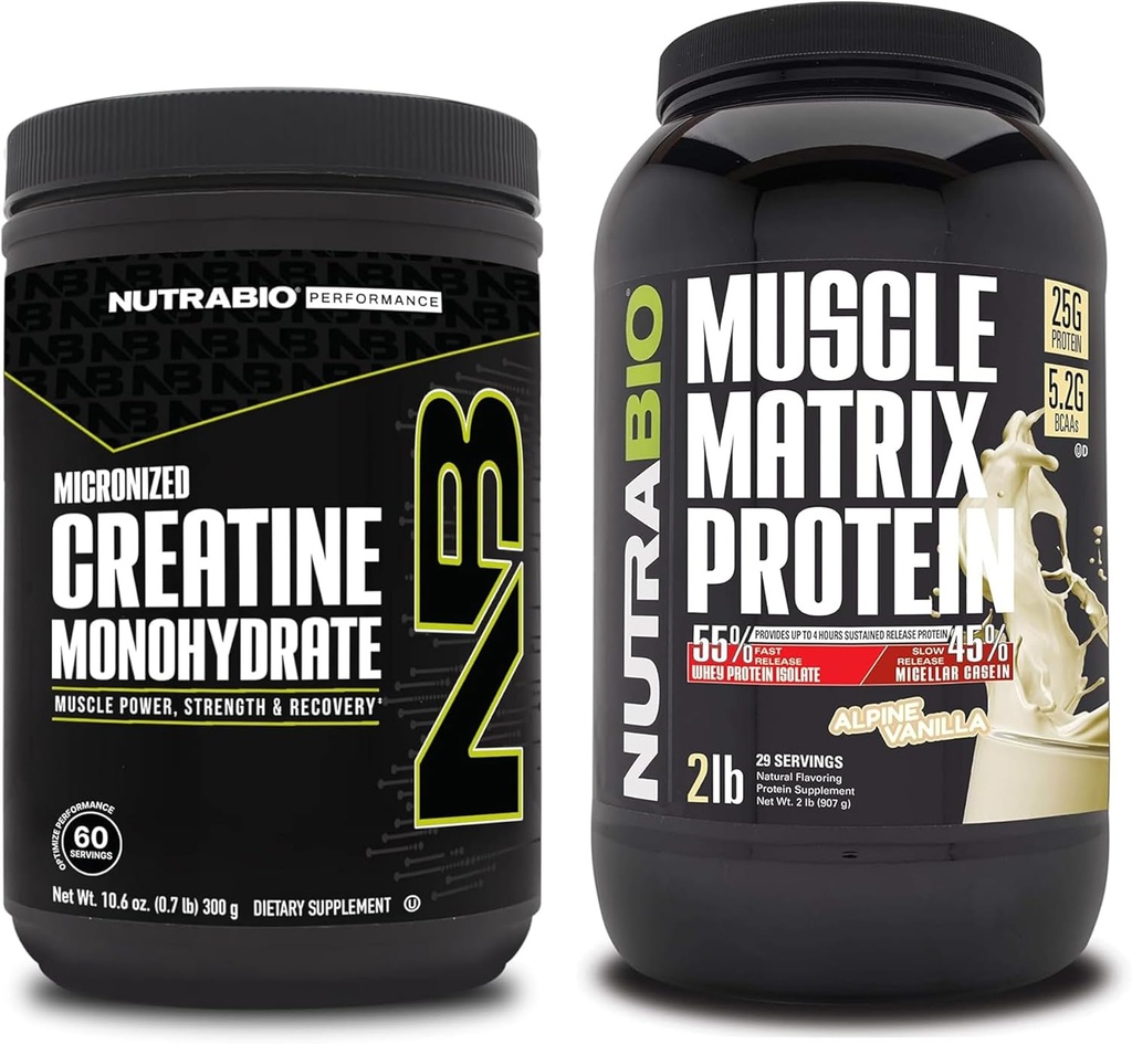 NutraBio Creatine Monohydrate, Unflavored, (300 g) and Muscle Matrix 蛋白粉, (Vanilla) Supple Bundle — 肌肉能源、最大生长、恢复和强度