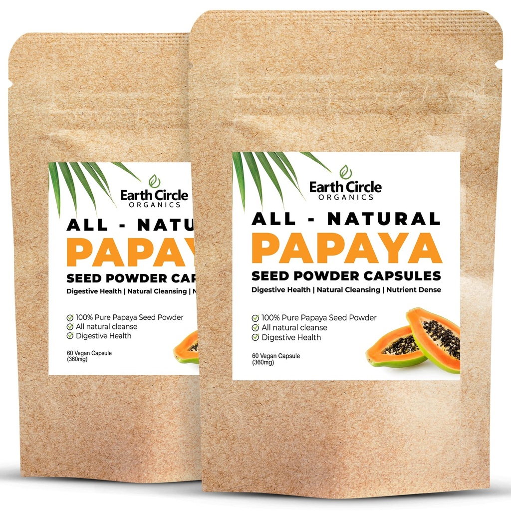 帕帕亚种子粉盒 – 配有维生素A, C, & E & Ezymes 用于消化和胶体健康 – 360mg/Servicing – 每包60 Vegan Capsules(每包2,60-120天供应)